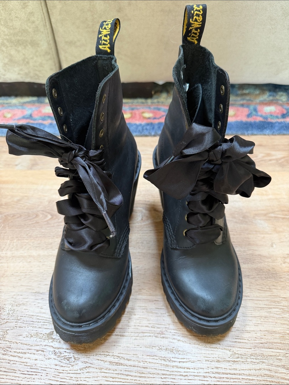 Dr Martens Black Heeled Lace-Up Ankle Boots with Ribbon Laces - Picture 2 of 4
